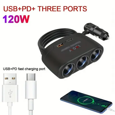 Carregador de celular para carro 120W 3 em 1 com carregamento rápido, adaptador para acendedor de cigarros, plugue de carregamento rápido, adaptador de energia para celular para DVR automotivo GP