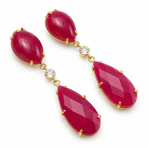 Brinco Ágata Rosa 12 Pontos de Diamante 4 cm em Ouro 18K