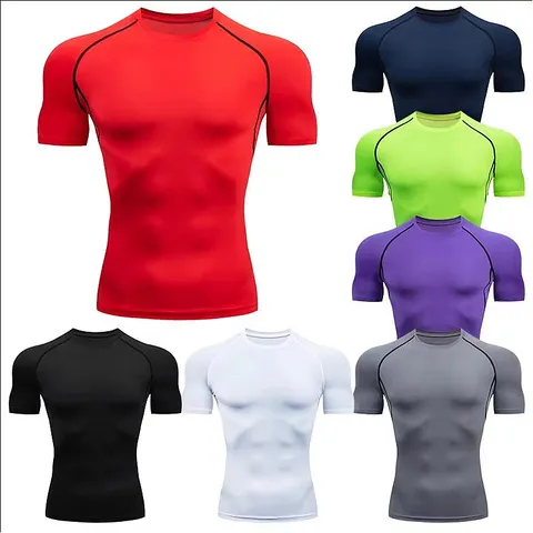 Camiseta esportiva masculina de secagem rápida, manga curta, ideal para academia, fitness, compressão, treino, corrida, rashguard masculino.