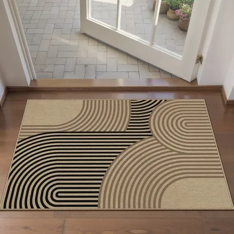 Tapete de Entrada Neutro Boho com Listras Curvas, Estampa Abstrata Geométrica de Arco, Tapete Decorativo Minimalista para Interior