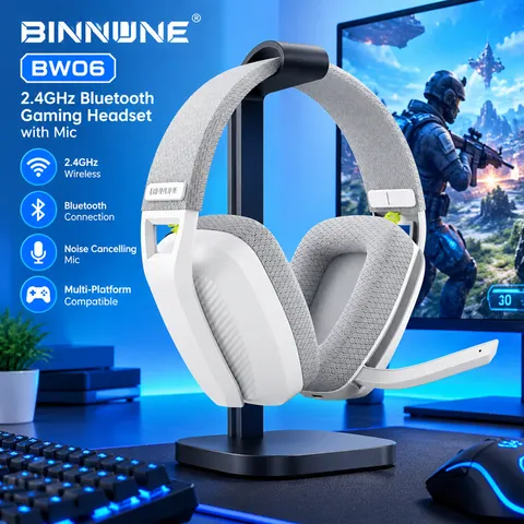 BINNUNE BW06 Fone de Ouvido Gamer sem Fio 2.4GHz Bluetooth com Microfone para PS5 PS4 PC Mac PlayStation Headphone de Jogo com Microfone Headset Gamer Cancelamento de Ruído Áudio Imersivo