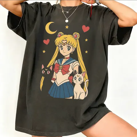 Camiseta Gráfica Retro dos Anos 90 do Anime Sailor Moon, Camiseta de Algodão para Verão, Moda Casual para Homens e Mulheres, Manga Curta, Top Hip Hop para Casais
