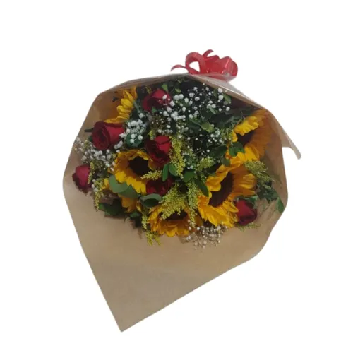 Buquê de 6 Rosas Vermelhas e 6 Girassois