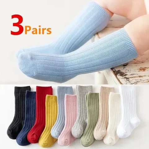 3 pares/lote bebê joelho meias altas crianças meninas meninos algodão macio meia longa bonito espanhol listra sólida crianças socken para 0-8years