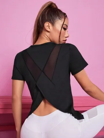 Roupa de yoga feminina verão esportes camiseta solta respirável secagem rápida topo malha volta treinamento fitness manga curta