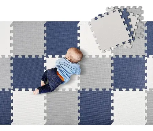 Kit 18 Tapete Emborrachado Tatame Eva Infantil Grosso 10mm Linha Premium Bebê Branco/Azul