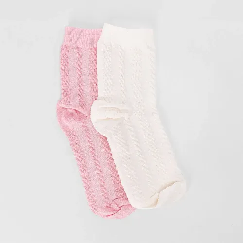 Kit Meia Infantil STZ Cano Médio Relevo 2 Pares 26-29 Rosa & Off White