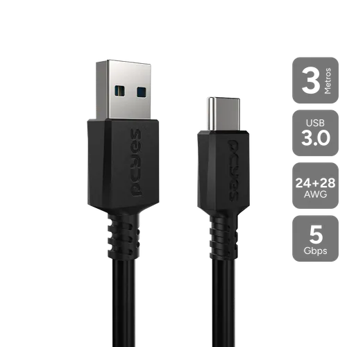 Cabo PCYES USB-A 3.0 para USB-C 5Gbps 15W Preto 3 Metros PUCAP3-3