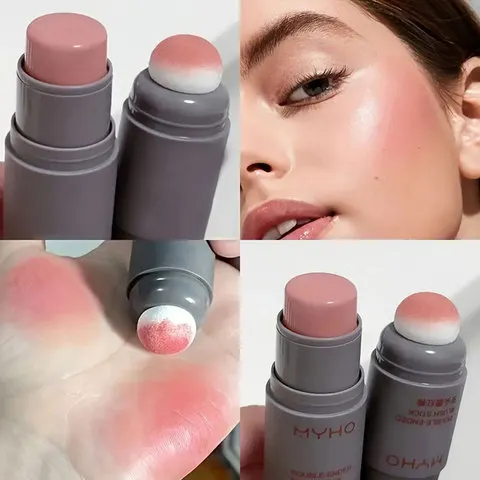 Blush em Pó Monocromático com Esponja Dupla para Lábios e Bochechas, Uso Duplo, Durável, Matte, Natural, Bastão de Blush em Pó, Tom Natural Claro
