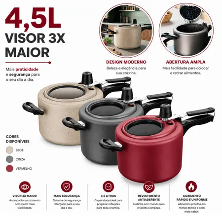 Panela de Pressão 4,5L Antiaderente com Visor de Vidro na Tampa 12cm Grande Grafite / Cereja / Perola 4,5 Litros MTA