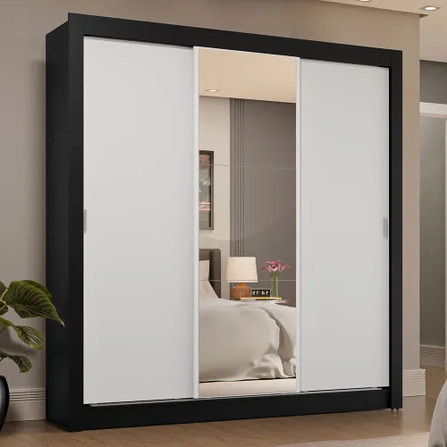 Guarda-Roupa Casal 3 Portas de Correr com Espelho 4 Gavetas Preto/Branco Sublime Plus Madesa