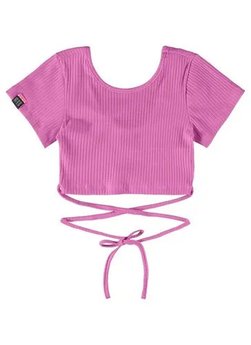 Blusa Básica Manga Curta Cropped em Ribana (Roxo) Gloss