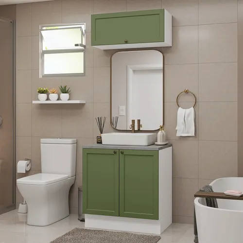 Conjunto Gabinete para Banheiro 80cm 3 Portas Branco/Verde Vik Madesa 02