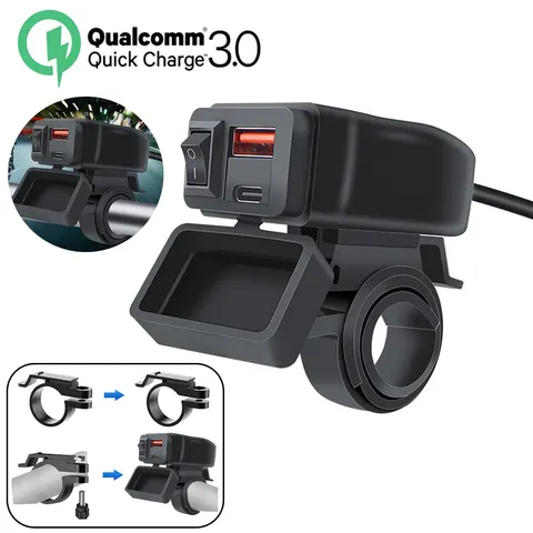 Carregador rápido usb para motocicleta pd + qc3.0, 60w, guidão, tomada usb dupla com interruptor, voltímetro, à prova d'água, adaptador de fonte de alimentação 12v