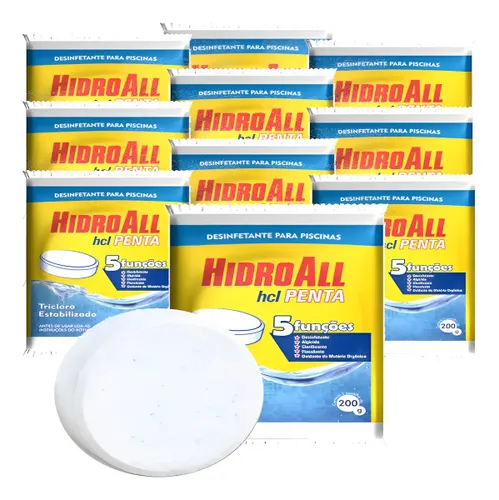 Kit 10 Pastilhas Penta 5 em 1 Hidroall Tratamento de Piscina Limpeza de Piscina