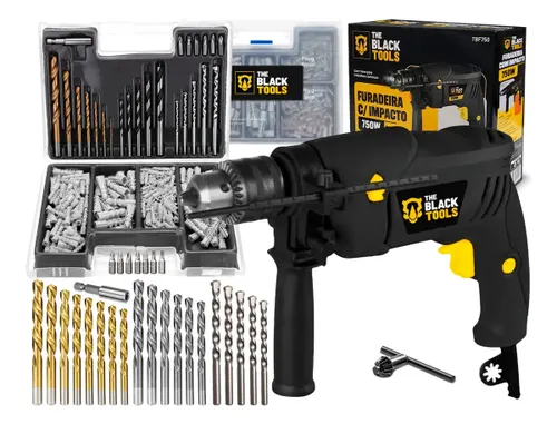 Furadeira de Impacto 13mm 750w Profissional com Kit Brocas Buchas e Bits 300 Peças The Black Tools
