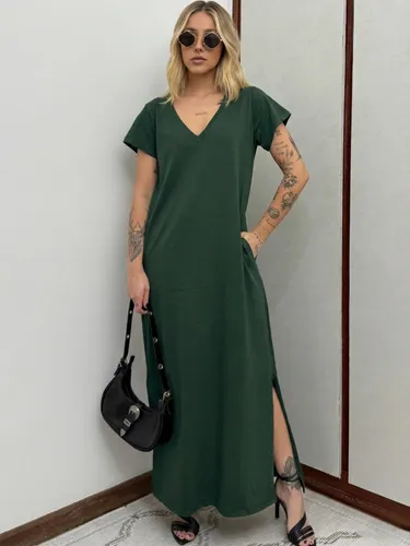 Vestido Longo de Algodão com Bolso Decote V Verde Escuro