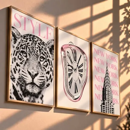 Quadros decorativos Leopardo Relógio Derretido New York Moderno (3 peças)