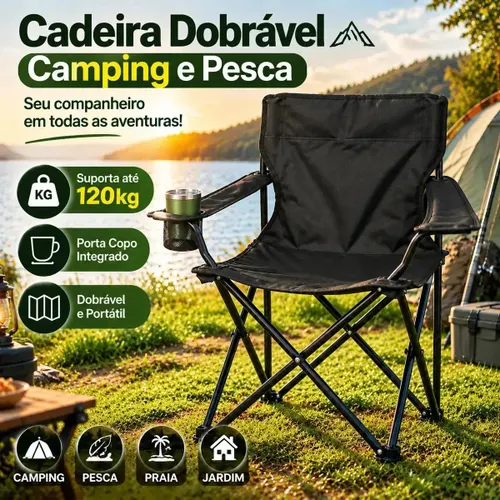 Cadeira Dobrável Kingdom Preta com Porta-Copos e Bolsa de Transporte para Praia e Camping