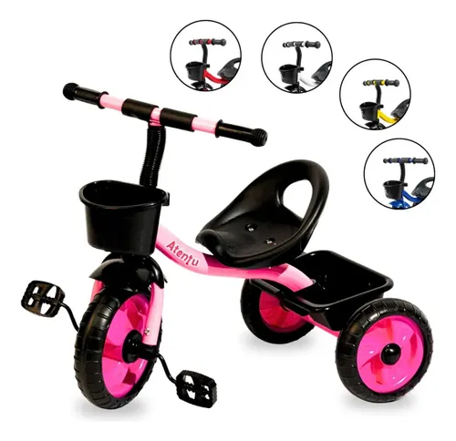 Brinquedo triciclo de 3 rodas para crianças com cesto de bolhas rosa chiclete Atentu triciclo infantil motoca