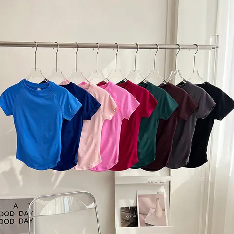 Camiseta de Yoga sem Logo de Manga Curta, Gola Redonda, Camiseta de Ginástica sem Costura para Mulheres, Camisetas de Corrida de Alta Elasticidade, Roupas de Treino