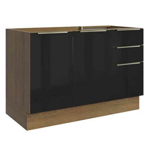 Balcão Gabinete de Pia 120 cm 2 Portas 3 Gavetas (Sem Tampo) Rustic/Preto Lux Madesa
