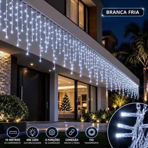 Cascata LED para Natal, 10 Metros com 400 Luzes Branco Frio