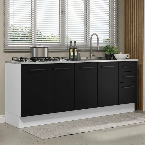 Kit com 2 Balcões de Cozinha Madesa Agata 3 Gavetas 4 Portas (Sem Tampo e Pia) Branco/Preto