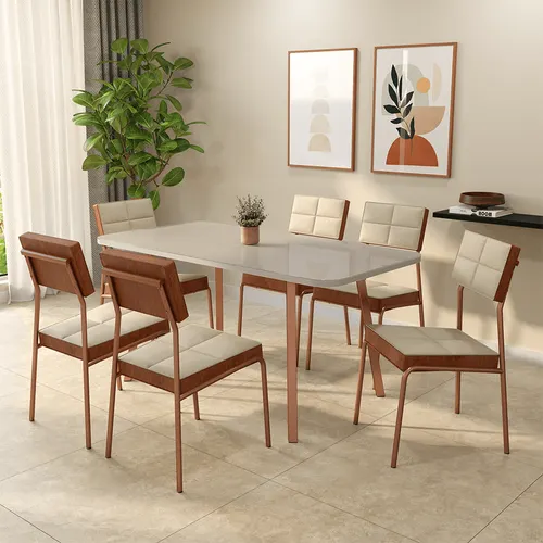Conjunto Sala de Jantar 6 Cadeiras Flora Carraro Off White Rosê