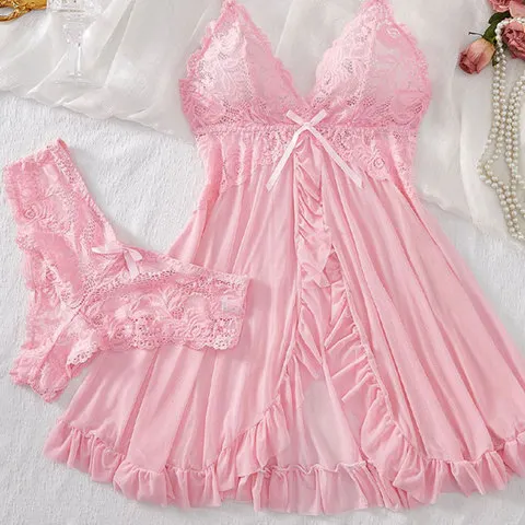 Suspensório terno verão ultra-fino camisola de renda tanga define pijamas sexy lingerie quente noite vestido confortável pijamas