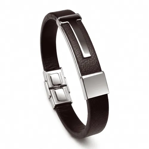 Bracelete em T de Aço Vazado com Couro 20 cm