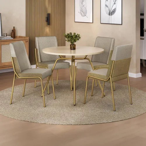 Conjunto Sala de Jantar 4 Cadeiras Verona Carraro Off Dourado