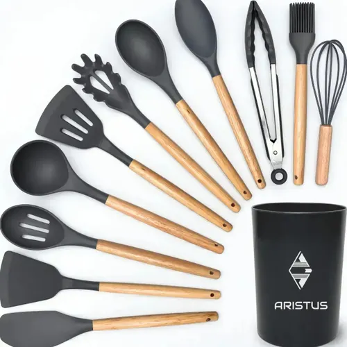 Kit 12 Utensílios de Silicone com Cabo de Madeira - Marca Aristus com Alta Resistência, Durável e com Design Moderno, Perfeito para Sua Cozinha Cor Cinza
