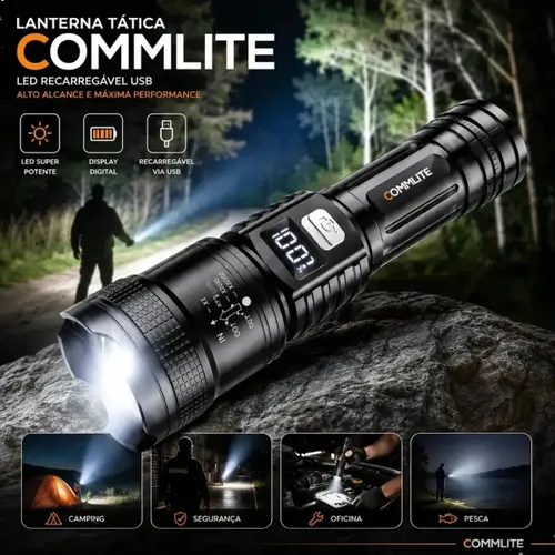 Lanterna Tática Recarregável Atualizada Led Visor Digital Zoom Telescopico ABS 3 Modos Iluminação USB Display Digital Zoom Potente Alta Potência Commlite