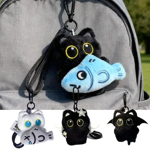 Bonito dos desenhos animados de pelúcia gato preto chaveiro saco pingente decoração kawaii boneca de pelúcia brinquedo carro chaveiro acessórios casais presente