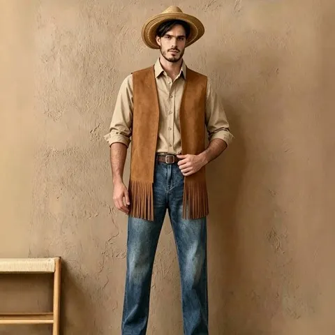 Colete masculino de comprimento médio, cor lisa, com franjas, sem botões, ideal para fantasias de Halloween, para uso em palcos ou como peça de vestuário casual e versátil.