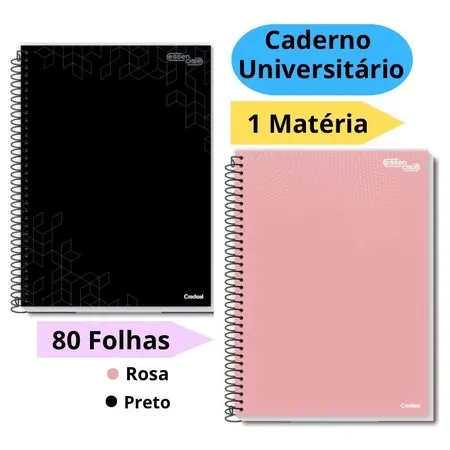 Caderno Universitário Capa Dura 1 Matéria com 80 Folhas Preto Rosa Escolar Credeal