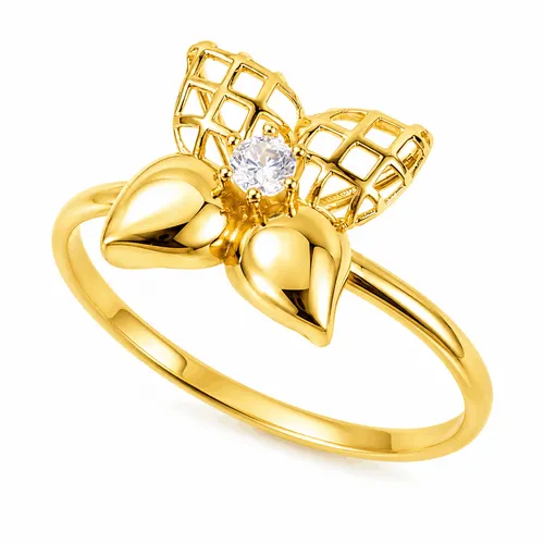 Anel Flor Pétalas Lisas e Vazadas com 1 Zircônia em Ouro 18K