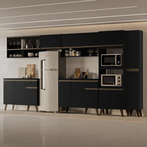 Armário de Cozinha Completa Atlanta Market com Vidro Carraro Preto Touch