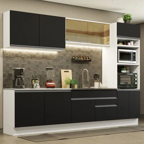 Armário de Cozinha Completa 310cm Branco Preto Glamy Madesa 01