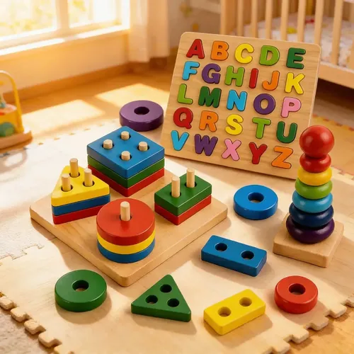 Kit 3 Montessori Brinquedo Pedagógico Madeira Encaixe Formas Colorido
