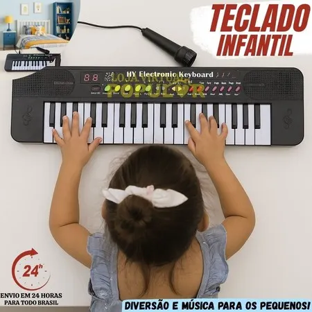 Teclado Elétrico Musical Infantil com Microfone Divertido 37 Teclas Brinquedo Infantil
