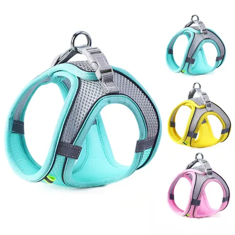 Arnês para cães e gatos, conjunto de corda no peito, reflexivo, respirável, ajustável, para cães pequenos e médios, caminhada ao ar livre