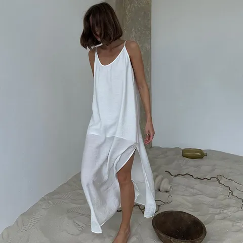 Hiloc casual solto branco vestido longo robe 2025 novo verão com decote em v vestidos para mulheres primavera sem mangas roupões retos camisola