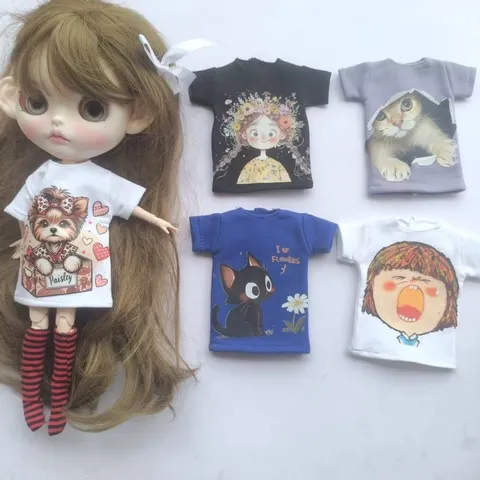 Roupas artesanais para bonecas OB24 1/6 Blyth, camiseta curta com estampa de desenho animado + meias listradas, podem ser usadas como acessórios para bonecas 1/6