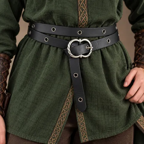 Cinto de cintura dupla em couro sintético estilo vintage para mulheres, cinto longo medieval castanho com fivela de anel de latão antigo, estilo renascentista viking.