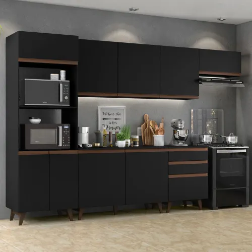 Armário de Cozinha Completa 320cm Preto Reims Madesa 01