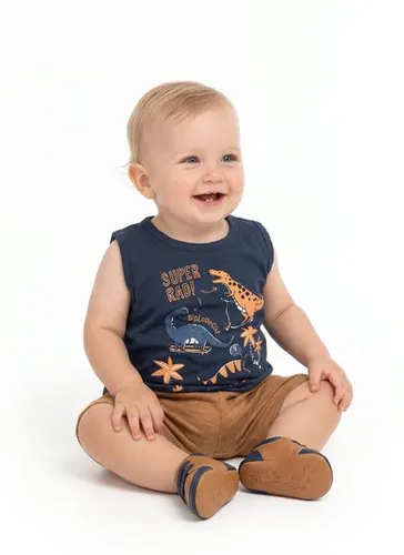 Conjunto Bebê Menino Regata Estampada e Bermuda (Azul Marinho) Guloseima