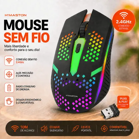 Mouse Gamer sem fio Wireless Gamer 2.4G/BT Recarregável Tipo-C RGB Bluetooth Alta Precisão 1600 DPI