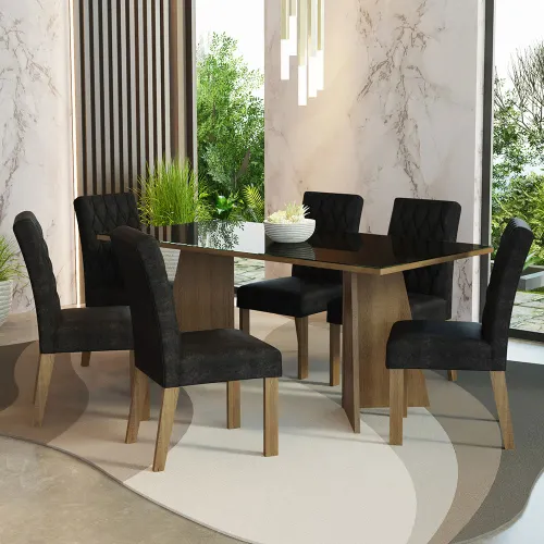 Conjunto Sala de Jantar Mesa Tampo de Vidro 6 Cadeiras Rustic/Preto/Oxford Marissa Madesa